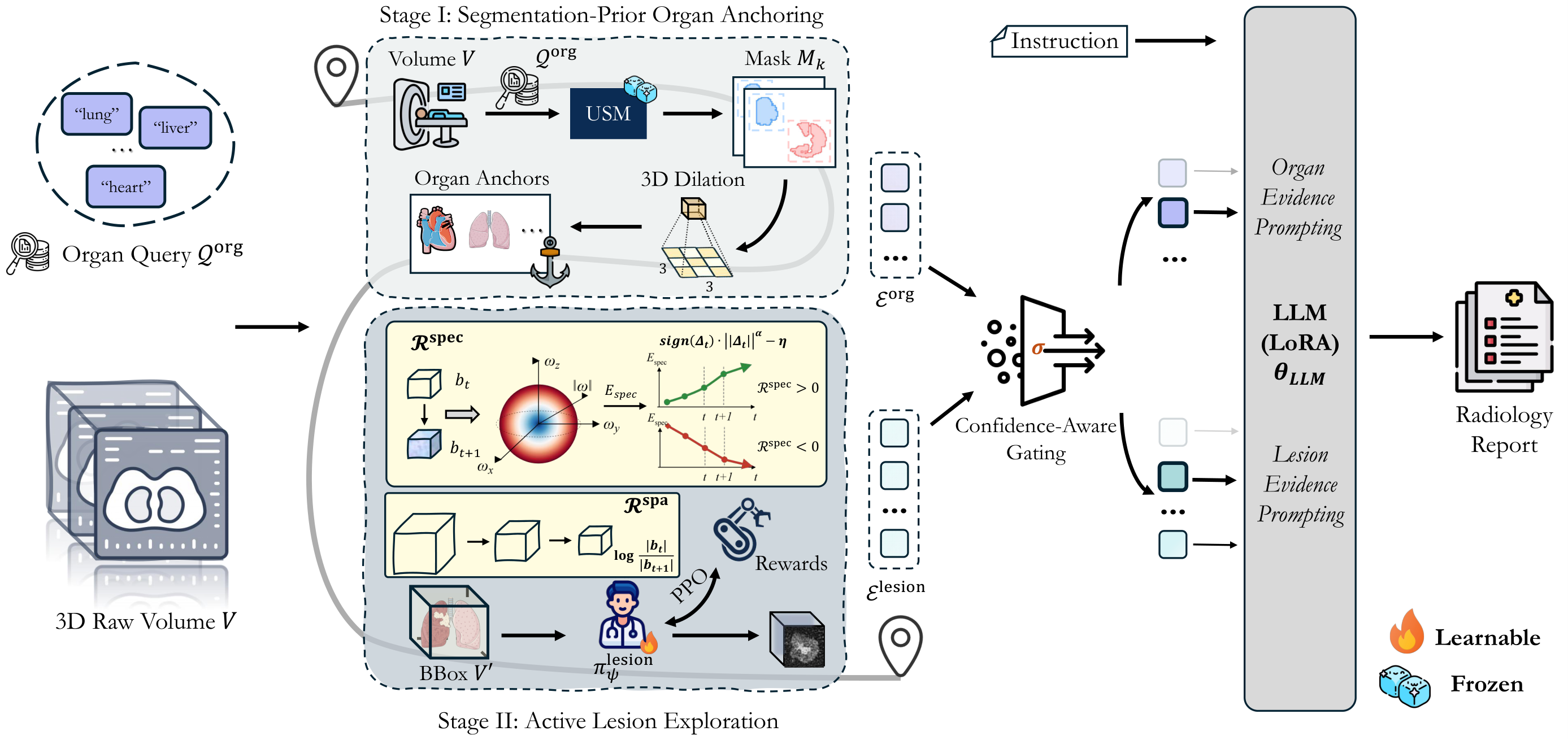 Navigate Before You Generate: Volume Evidence Grounding for 3D Radiology Reports